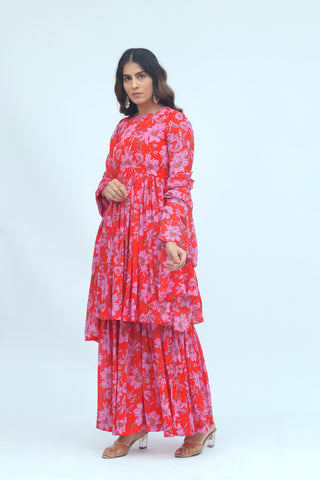 Gulbahar Red Floral Kurta Palazzo Set