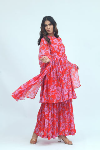 Gulbahar Red Floral Kurta Palazzo Set