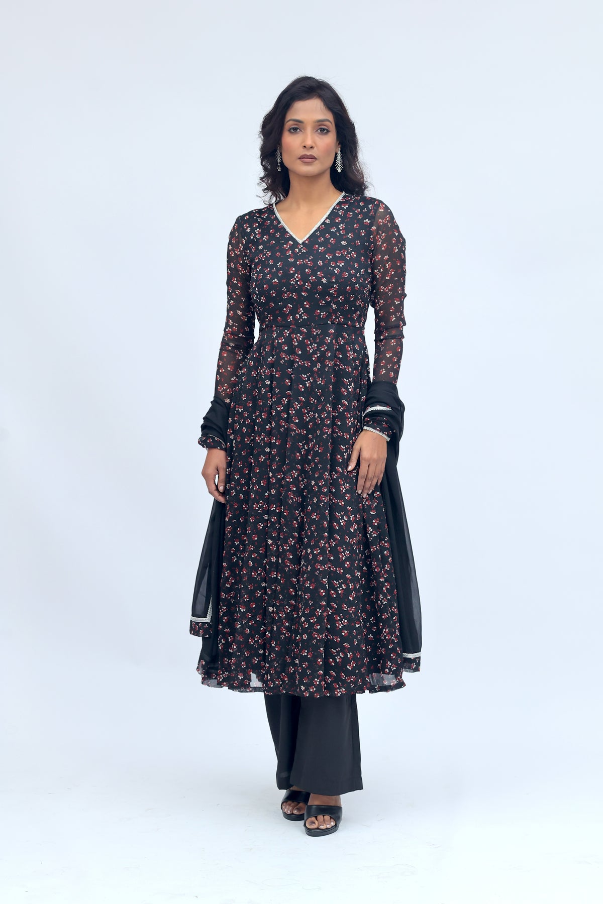 Black Floral Anarkali Set