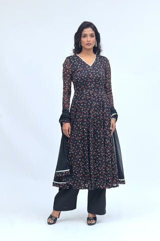 Black Floral Anarkali Set