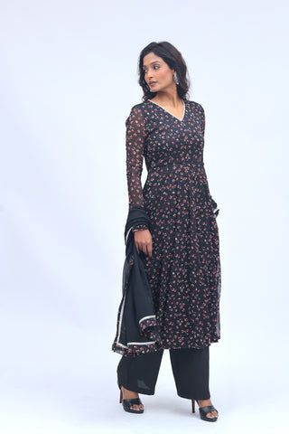 Black Floral Anarkali Set