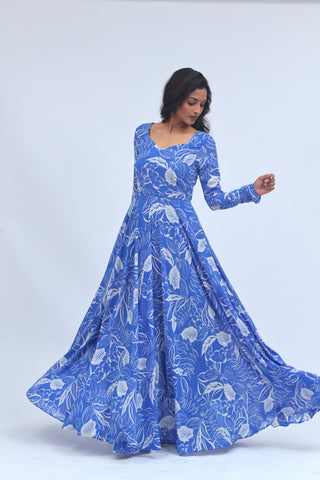 Aarohi Blue Printed Anarkali Gown