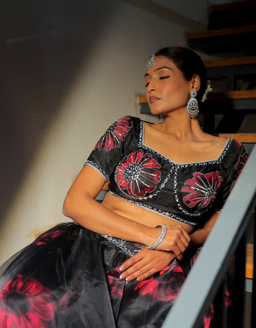 Nora Black Floral Lehenga Set
