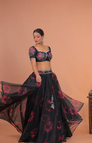 Nora Black Floral Lehenga Set